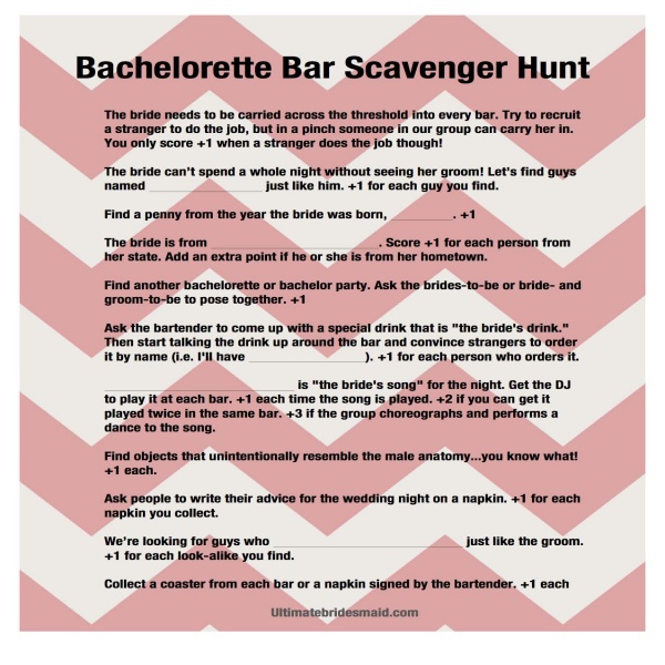 Bachelorette Games: Bar Scavenger Hunt | Bar, Gaming and .. | bachelor party task list