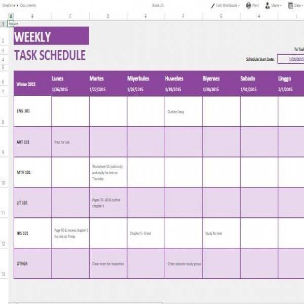 Weekly Task List Template for Excel Online | weekly task list template | weekly task list template 