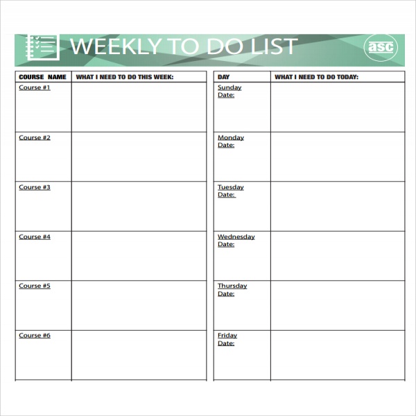 Sample Weekly To Do List Template - 8+ Free Documents Download in PDF | weekly task list template | weekly task list template 