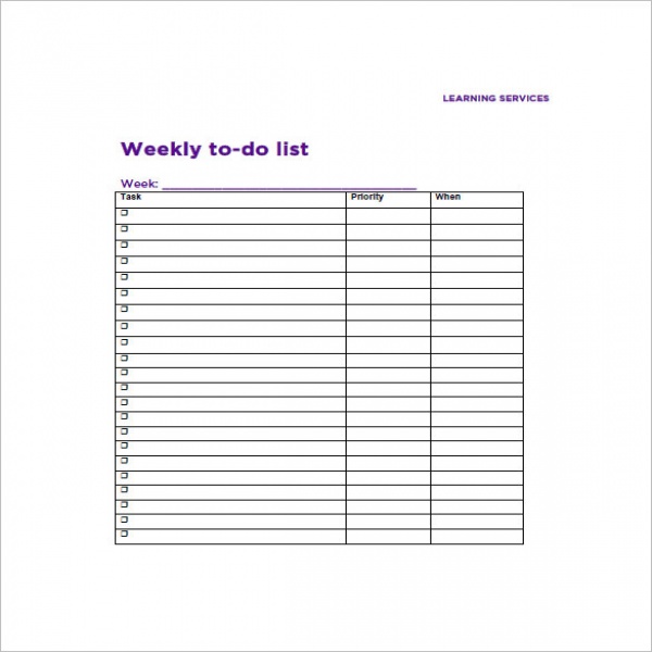 Weekly To Do List Template - 6+ Free Word, Excel, PDF Format .. | weekly task list 