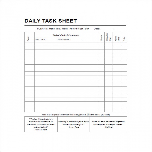 Daily Task List Templates - 8+ Free Sample, Example, Format .. | daily task list template 