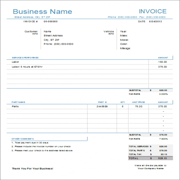 Auto Repair Invoice Template for Excel | Vehicle Invoice Template | Vehicle Invoice Template 