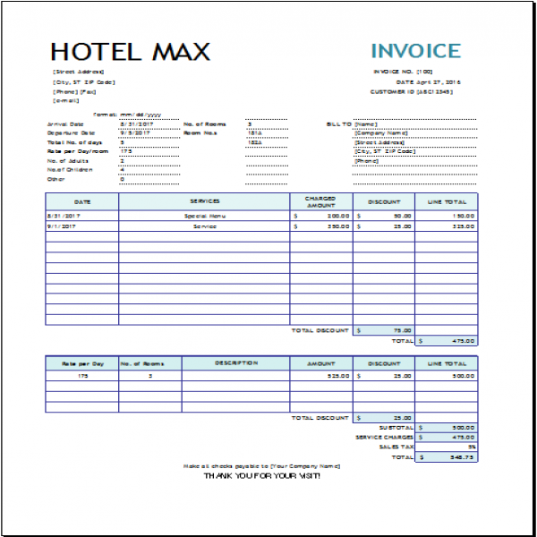 Hotel Invoice Template for EXCEL | EXCEL INVOICE TEMPLATES | Hotel Invoice Template | Hotel Invoice Template 