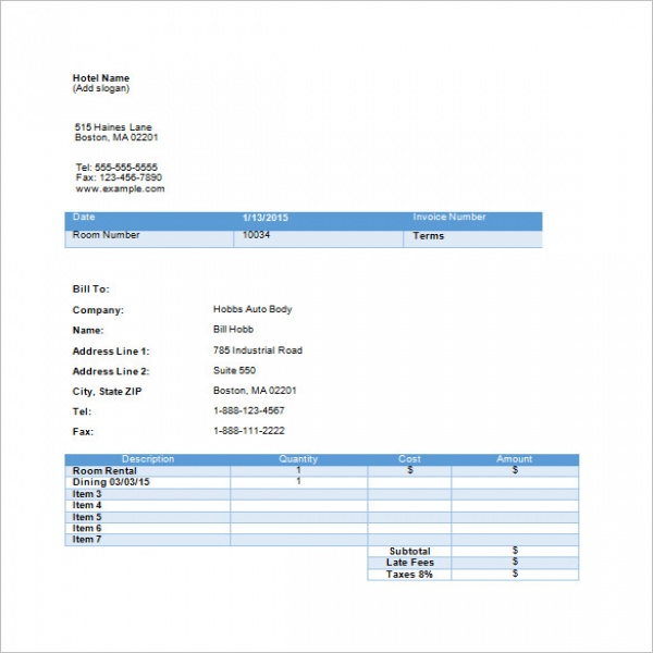 Hotel Invoice Templates – 8+ Free Word, Excel, PDF Format Download .. | Hotel Invoice Template 