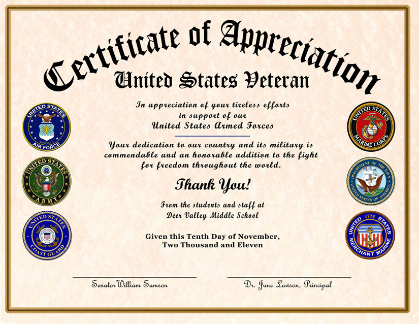 Military Veterans Appreciation Certificates