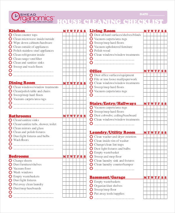 Weekly House Cleaning Schedule Template & Checklist Chart, Printable