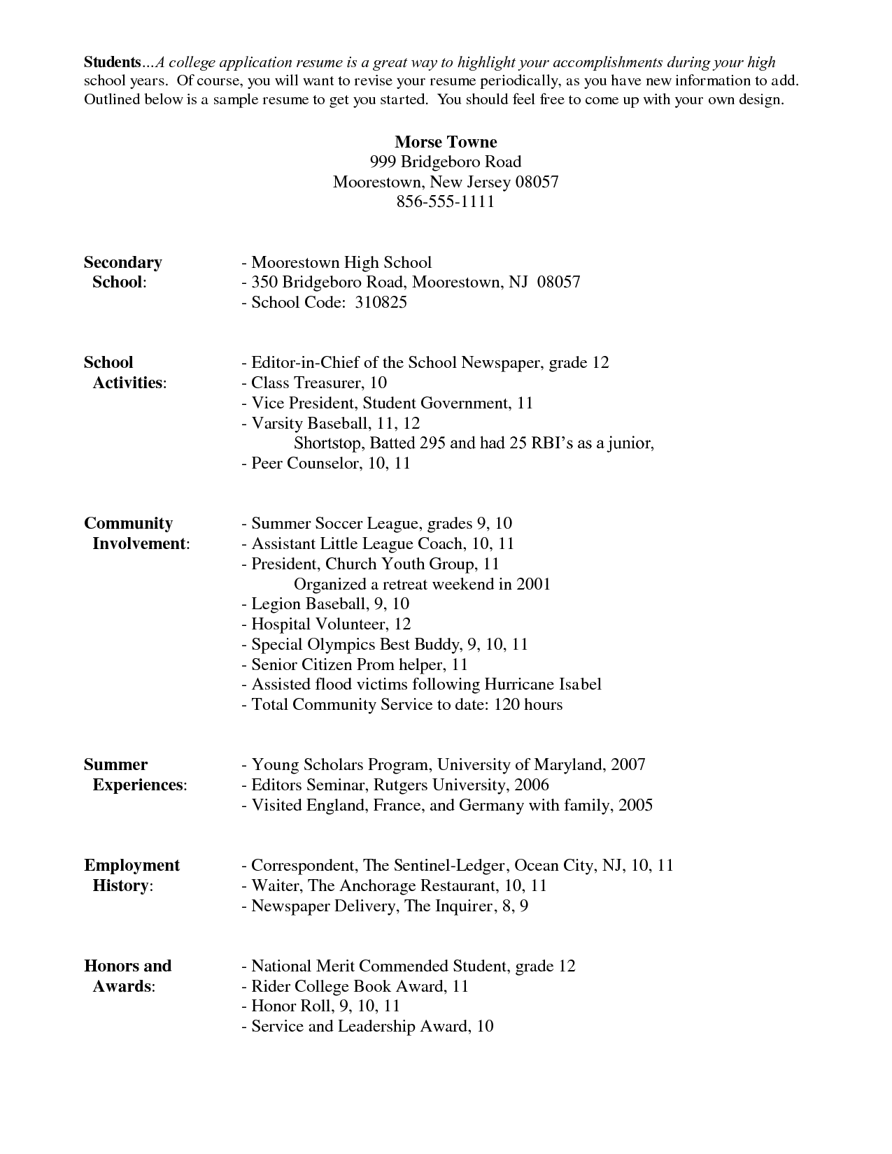 Resume Examples. resume for college application template high 