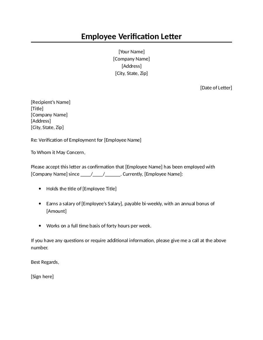 Letter Of Employment Template With Employment Verification Letter Template Word