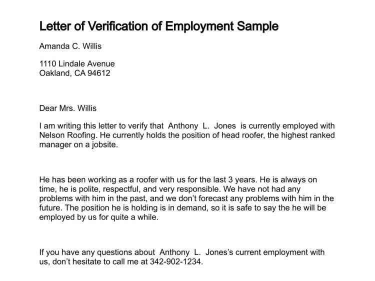 Letter of Verification of Employment