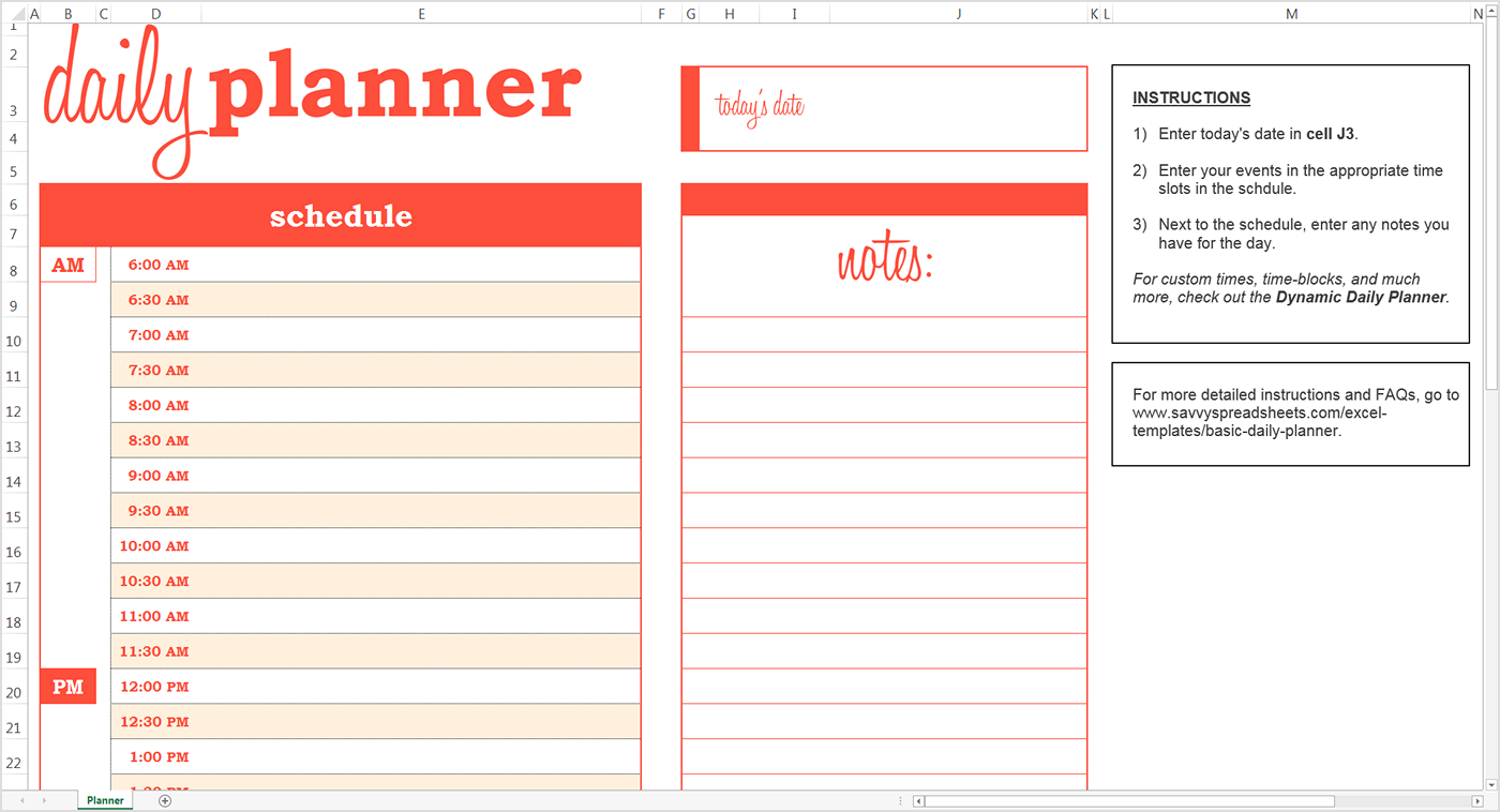 Daily Schedule Template | Printable Daily Planner Template | Excel 