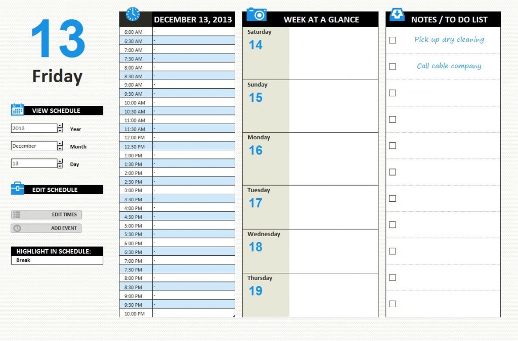 Daily Work Schedule Template Excel XLSX