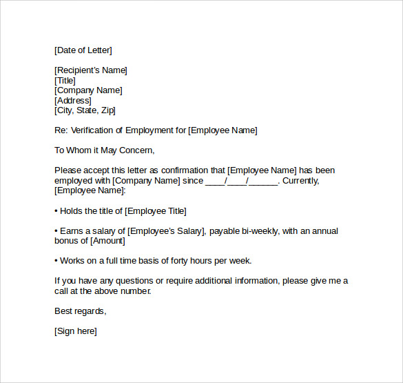 Proof of Employment Letter Sample Employment Verification Letter 