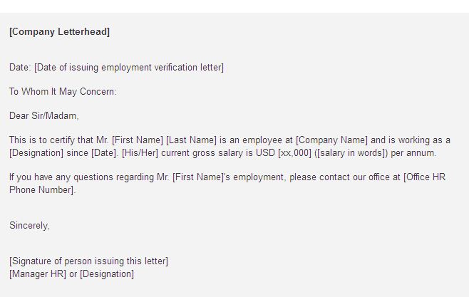 H 1B Employment Verification Sample Letter