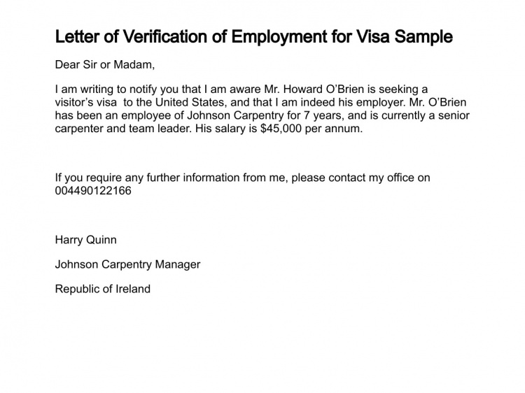 Letter of Verification of Employment