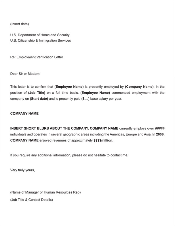 H 1B Employment Verification Sample Letter