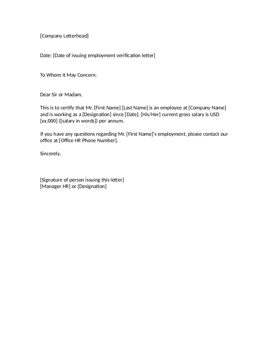 Letter of employment to whom it may concern
