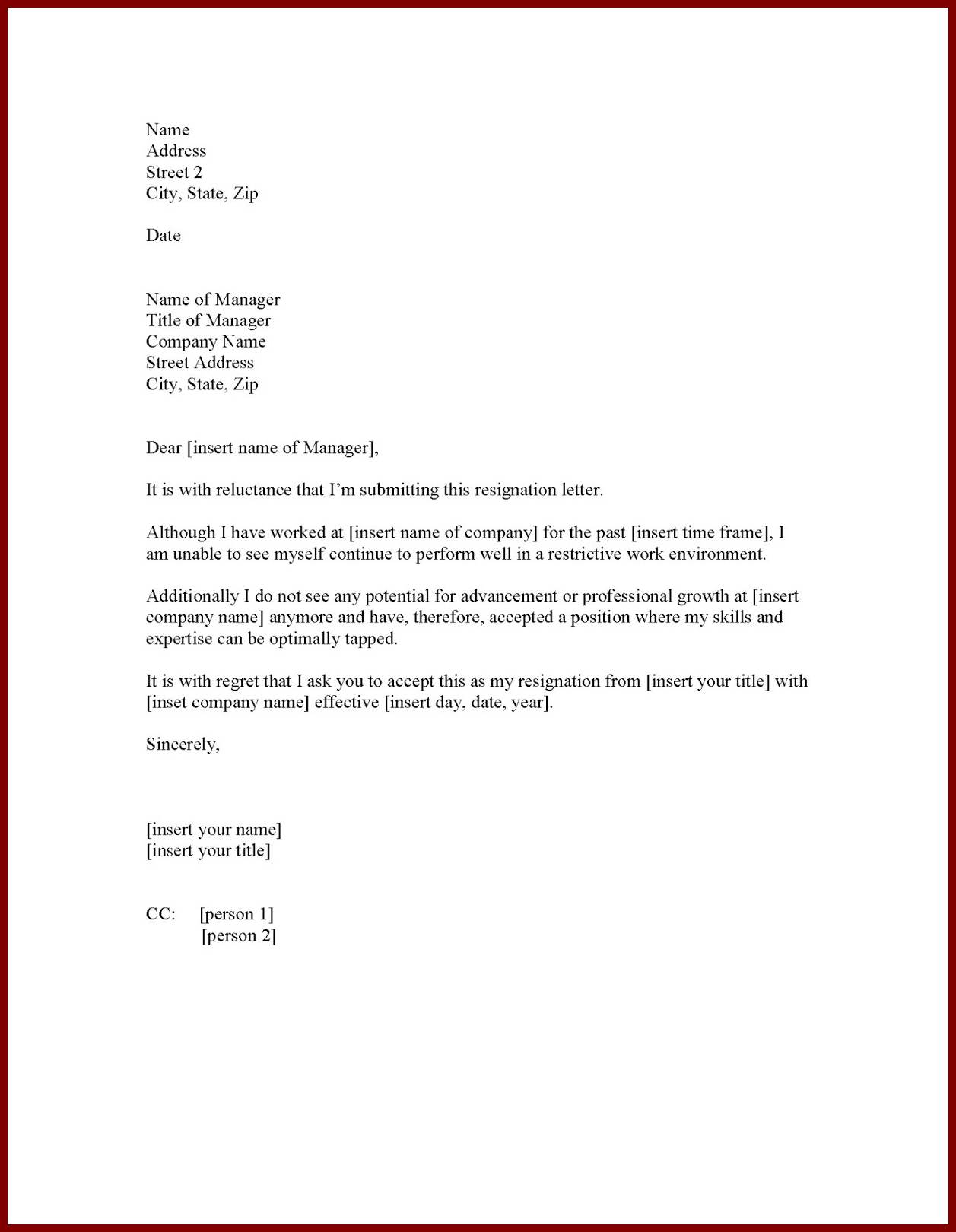 Formal Resignation Letter Sample With Notice Period Task List Templates