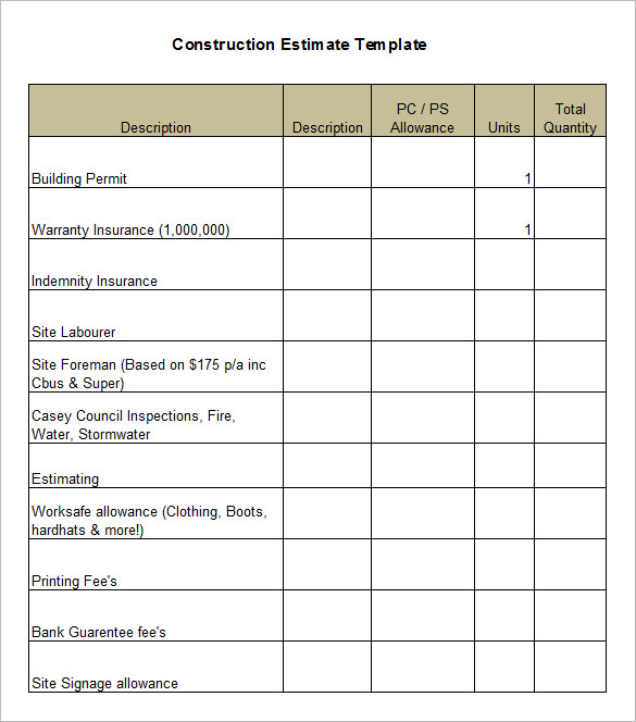 5+ Construction Estimate Templates – Free Word, Excel & PDF 