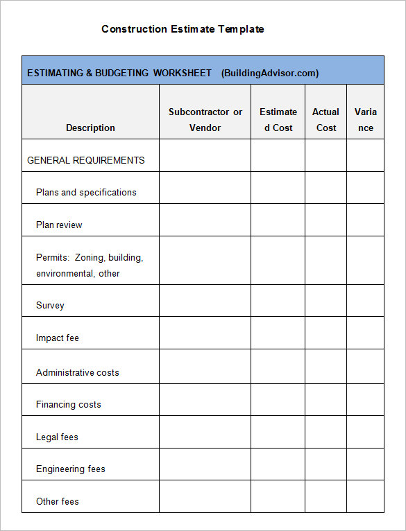 5+ Construction Estimate Templates – Free Word, Excel & PDF 