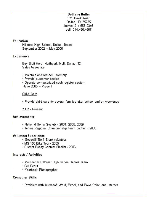 High School Student Resume Example