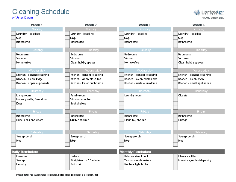 Cleaning Schedule Template Printable House Cleaning Checklist