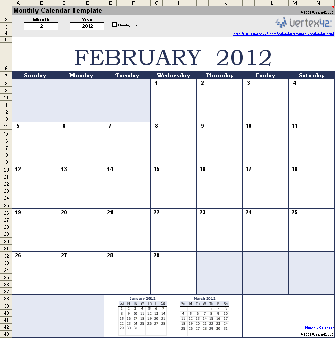 Free Monthly Calendar Template for Excel