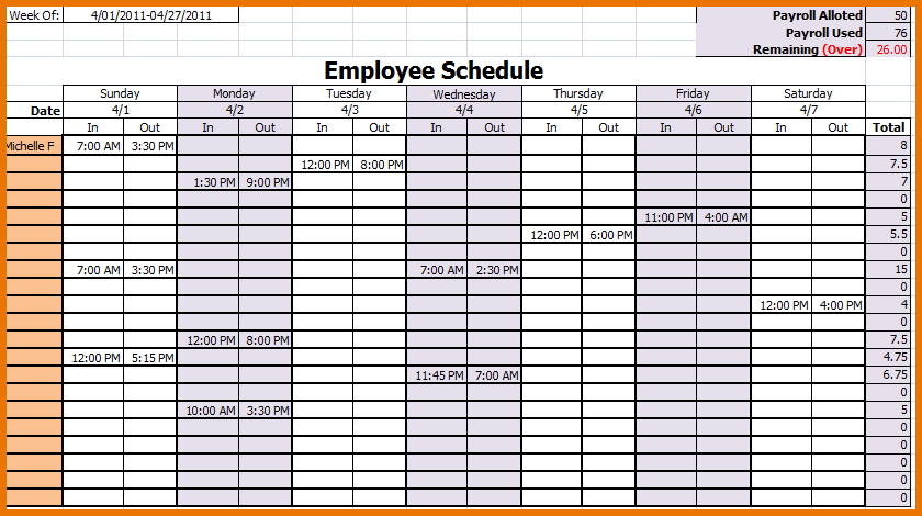 MONTHLY WORK SCHEDULE TEMPLATE | Proposalsheet.com