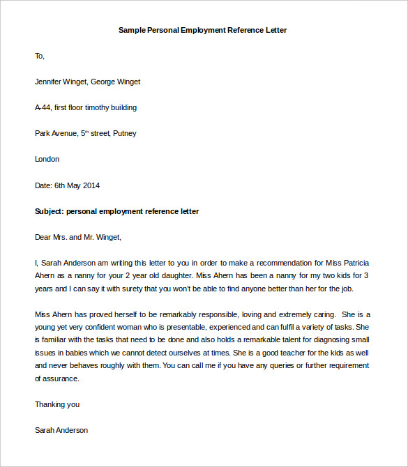 Formal Personal Reference Letter Template Sample Free Download 