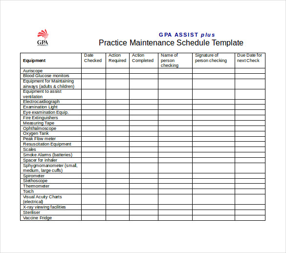 Preventive Maintenance Schedule Chart