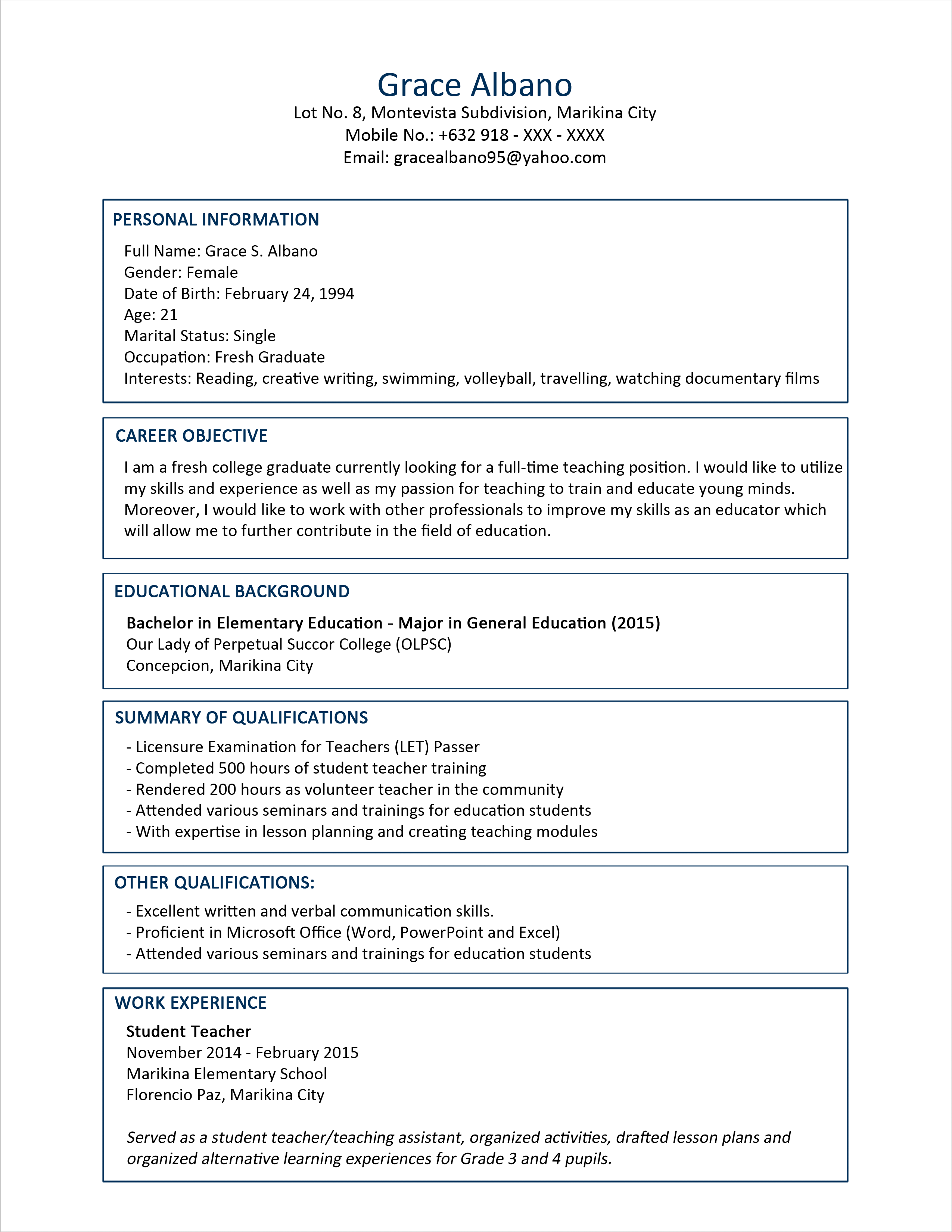 Sample Resume Format for Fresh Graduates (Two Page Format 