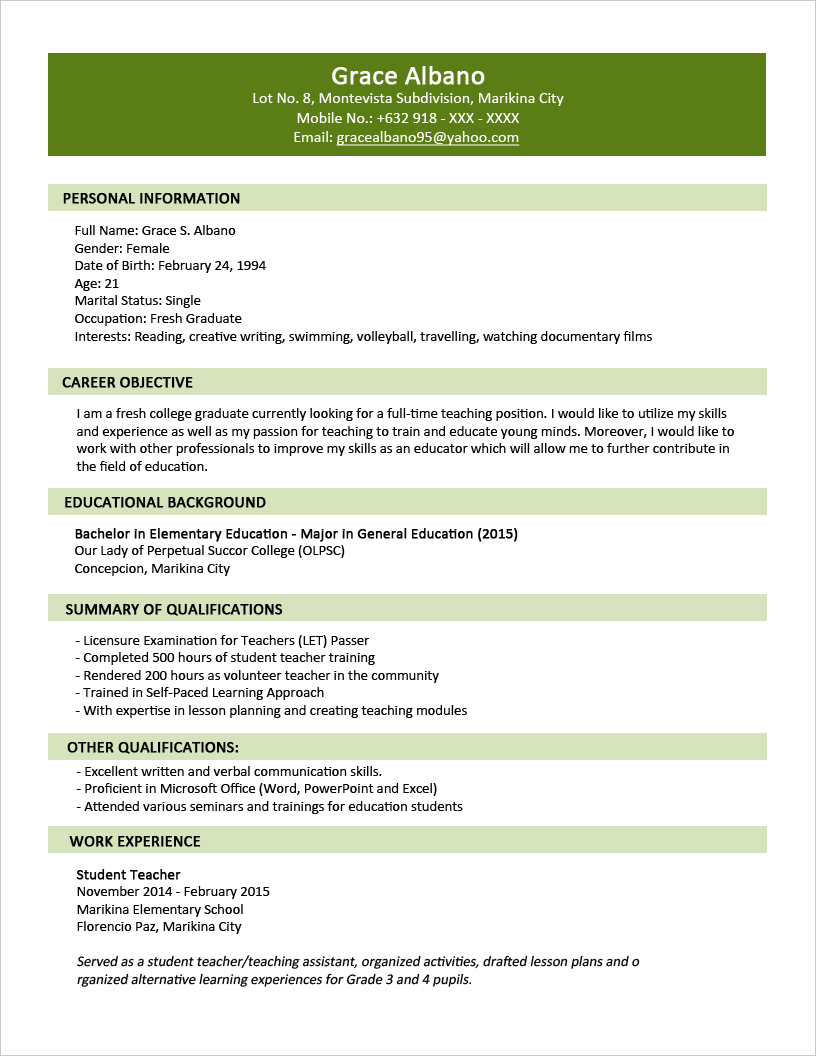 Sample Resume Format for Fresh Graduates (Two Page Format 