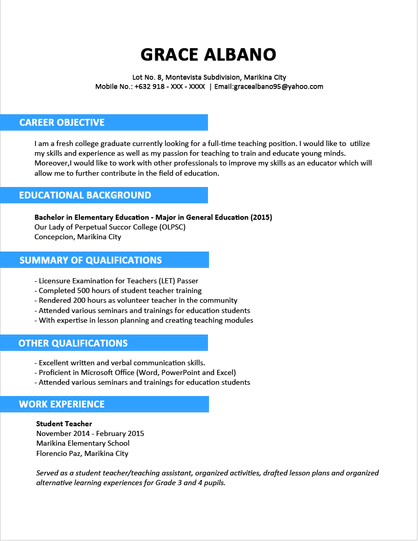 Sample Resume Format for Fresh Graduates (Two Page Format 