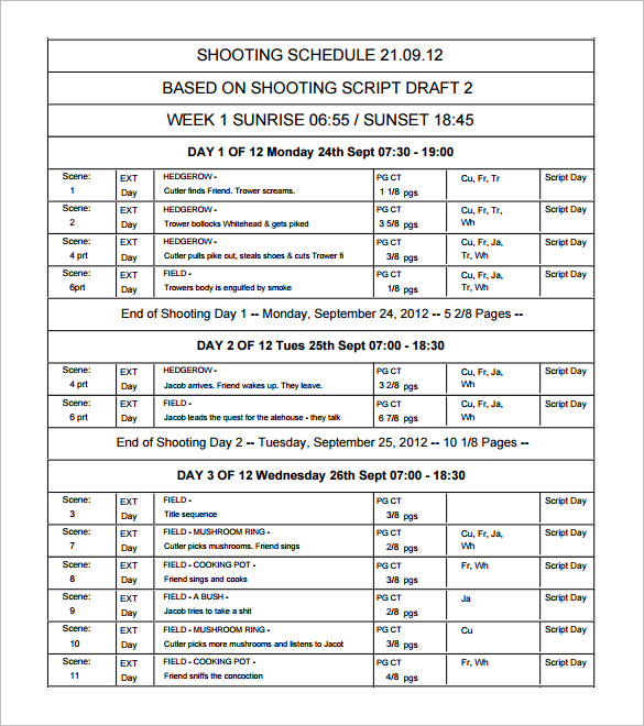 Film Shooting Schedule Template 24+ Free Word, Excel, PDF Format 