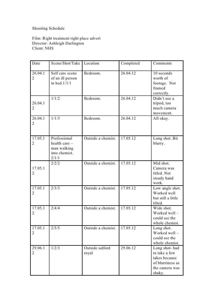 Shooting schedule template