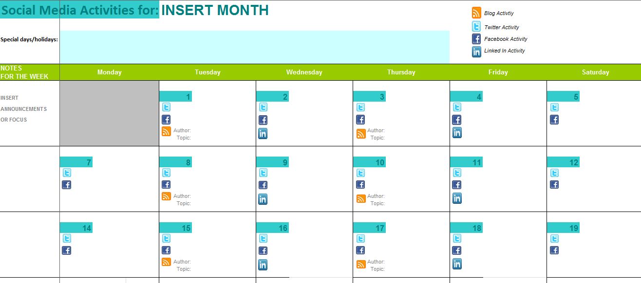 Social Media Calendar Template for Small Business