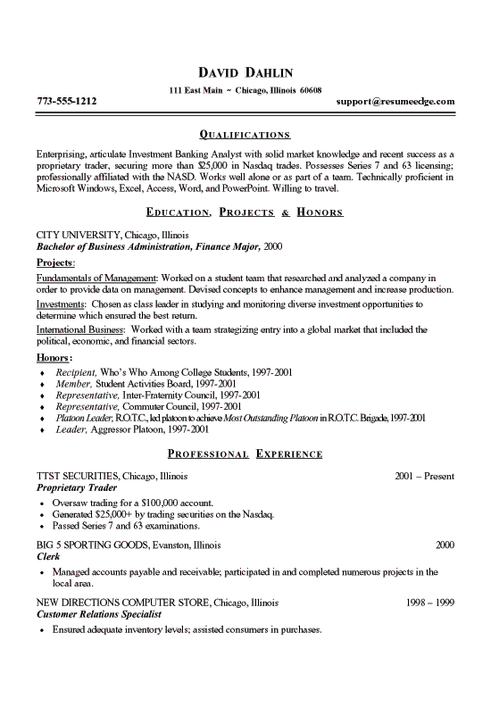 Finance Student Resume Example Sample