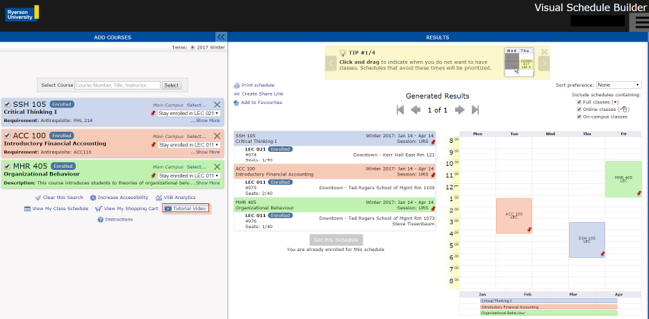 Visual Schedule Builder Registrar Ryerson University