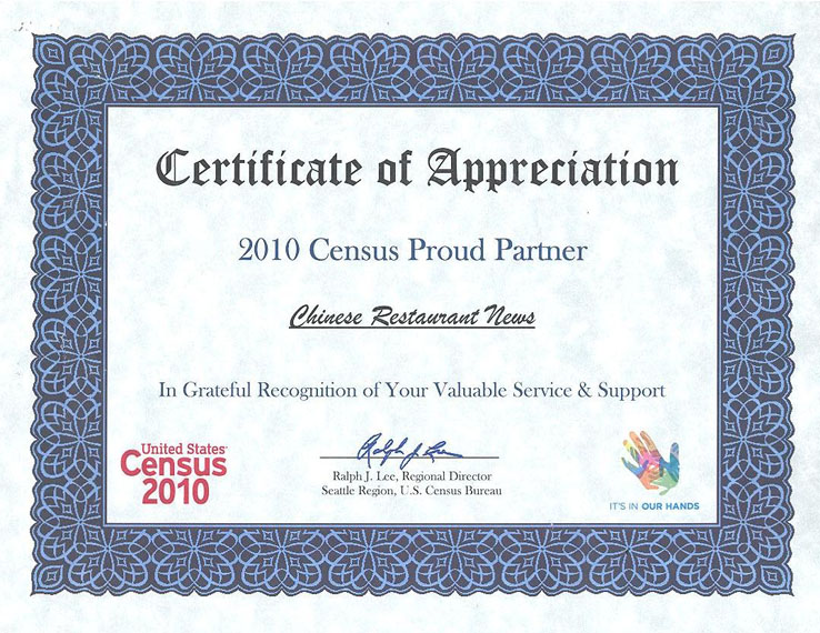 Certificate of Appreciation by US Census Bureau SBS News / News 