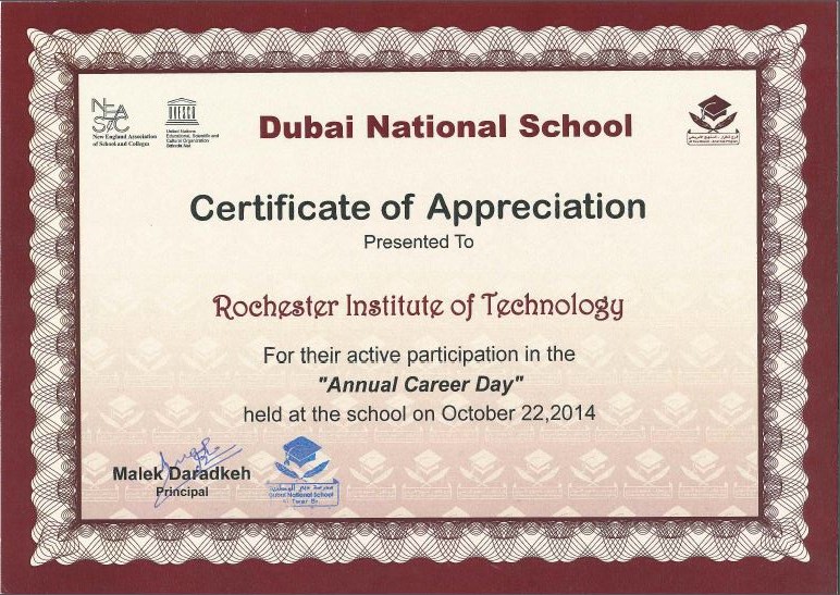 RIT Dubai Receives Certificate of Appreciation from Dubai National 