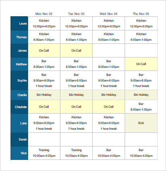 Employee Shift Schedule Schedules Templates