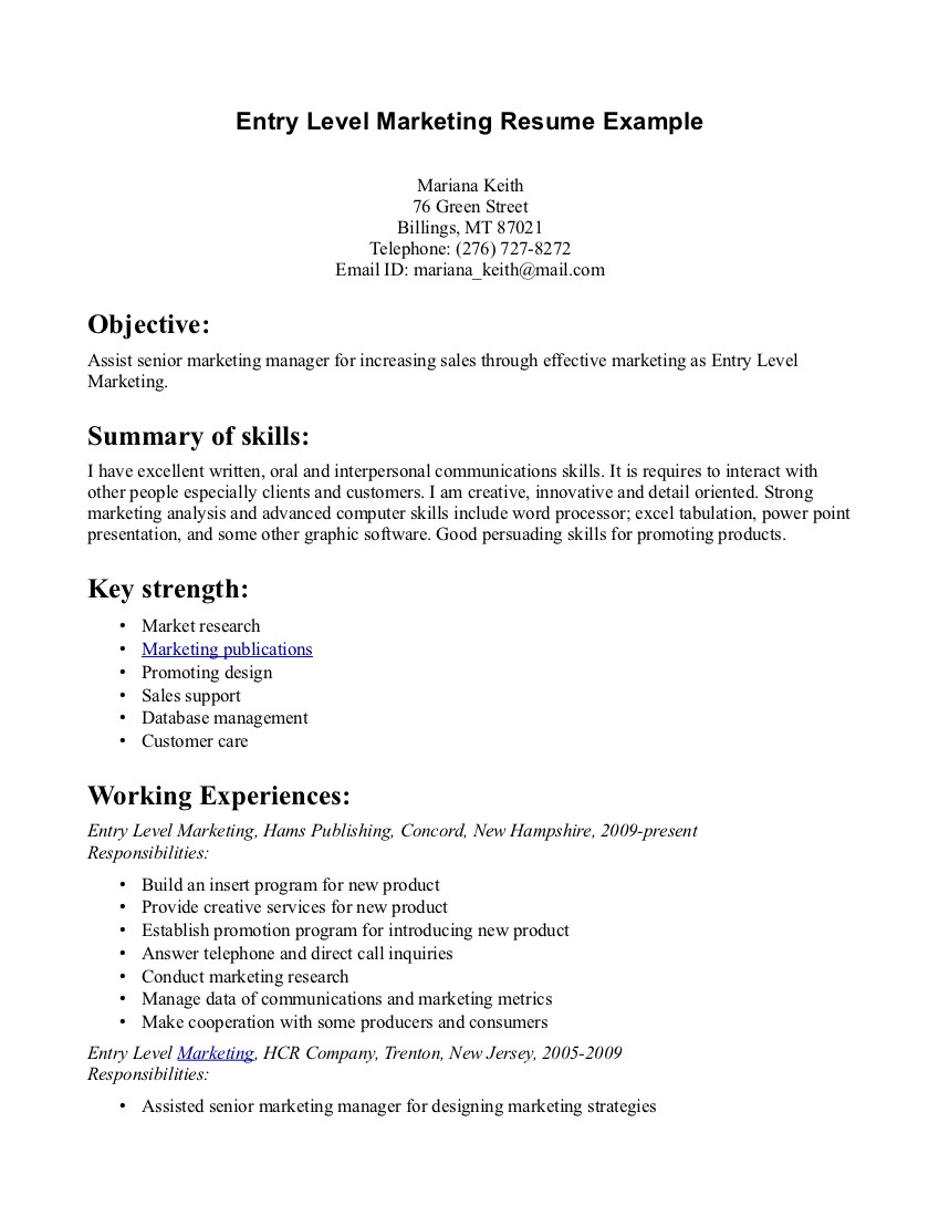 Entry Level Marketing Resume Samples | Entry level Sales and 