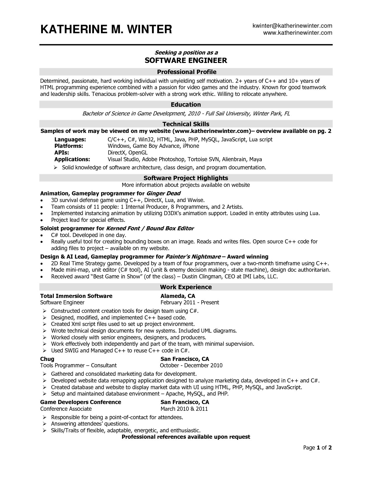 Sample Resume For Experienced Software Engineer Pdf Gallery 