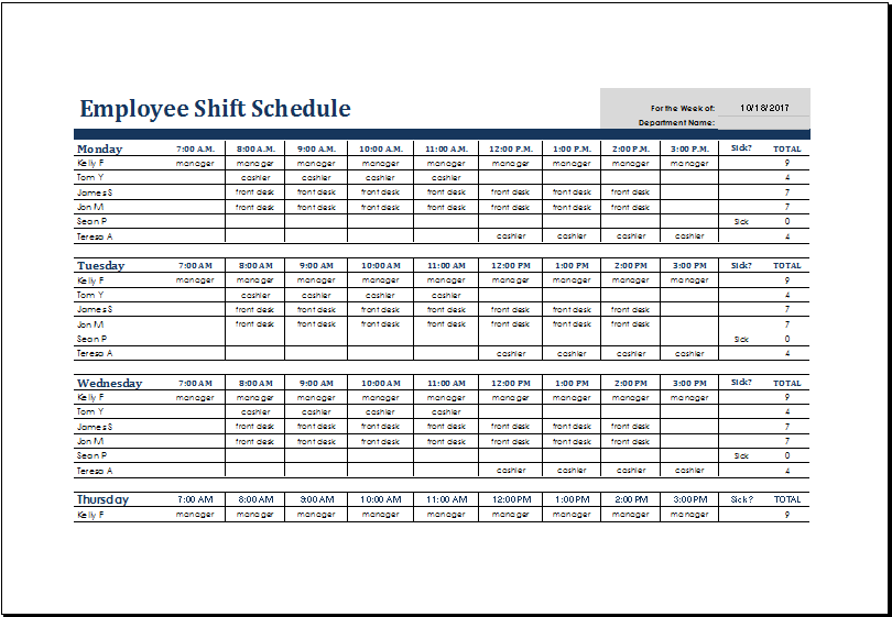Monthly Employee Shift Schedule Template