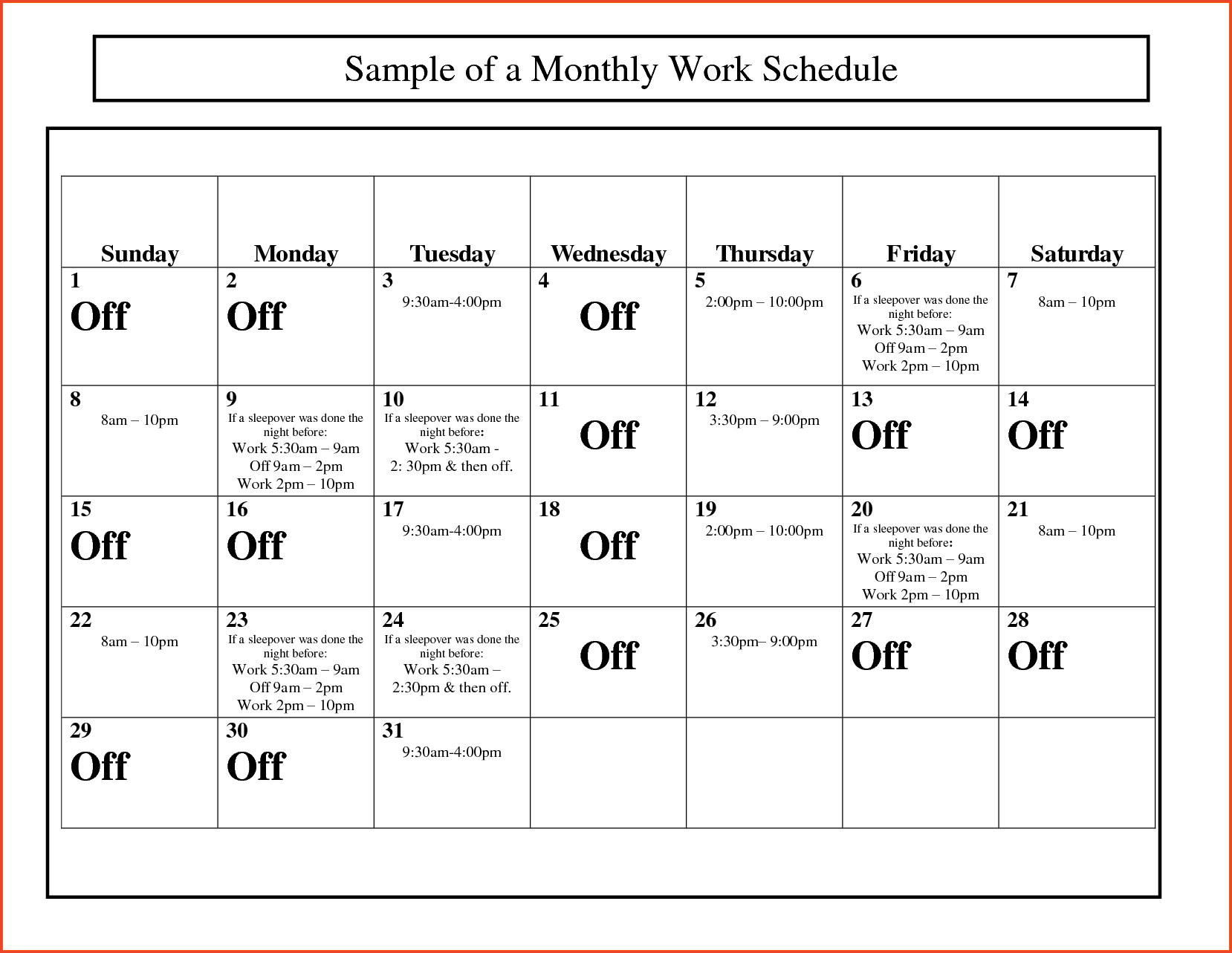 Monthly Work Schedule Template task list templates