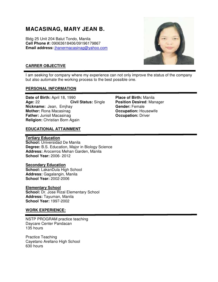 Sample Resume Format - task list templates