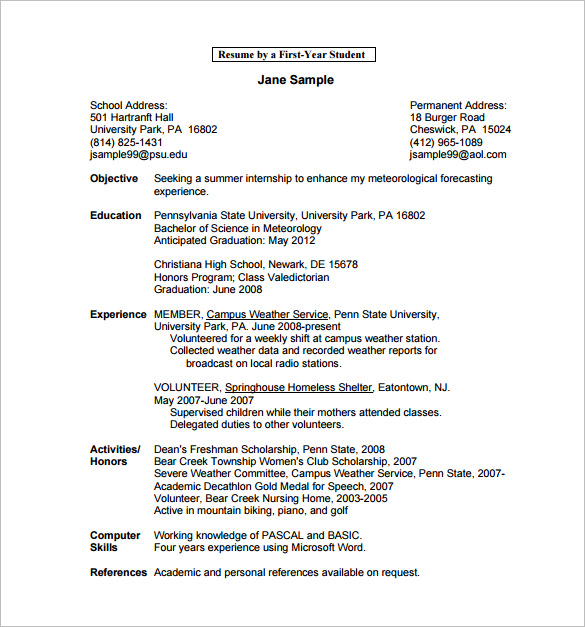 college student resume template word download