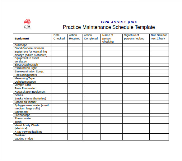 Example Of Equipment Maintenance Schedule