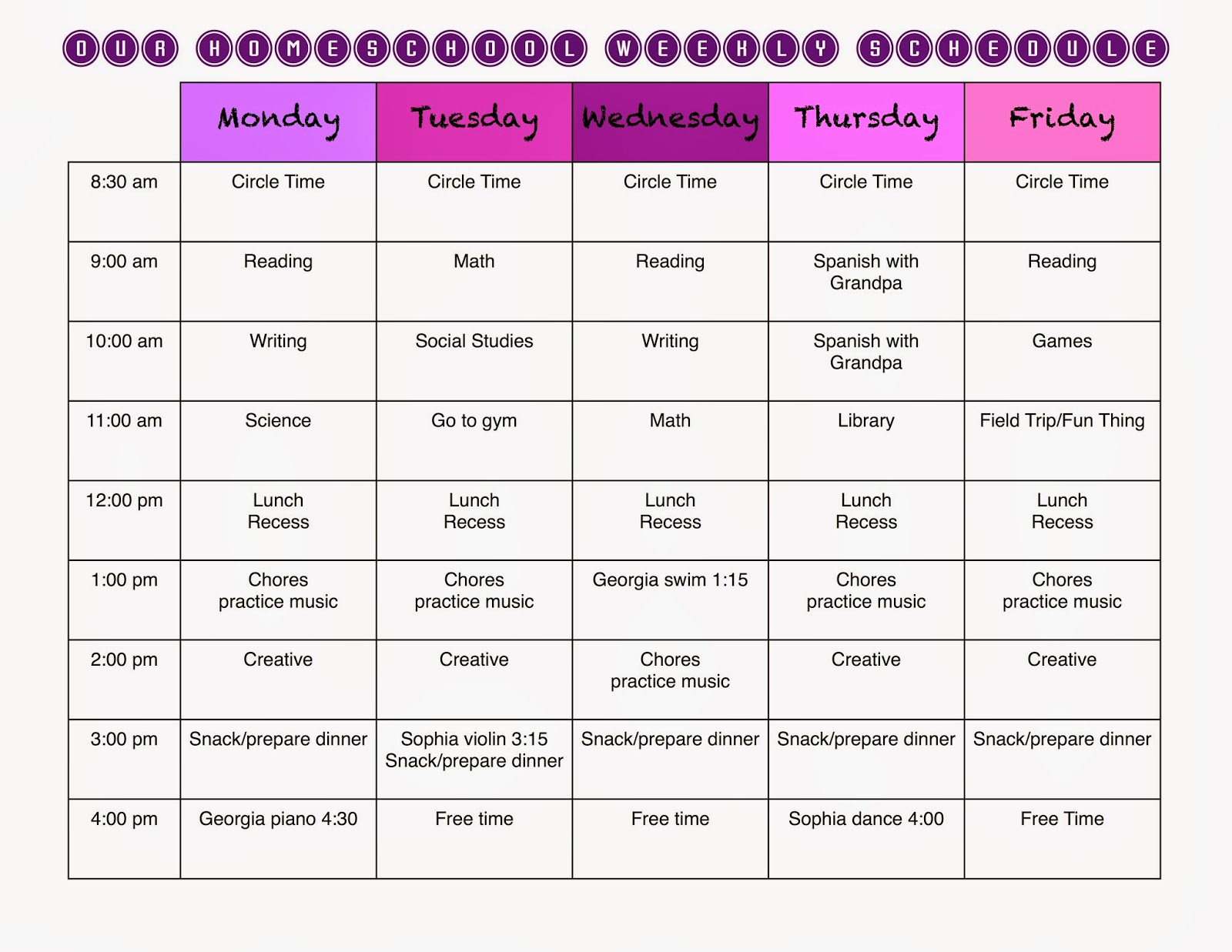 preschool daily schedule template